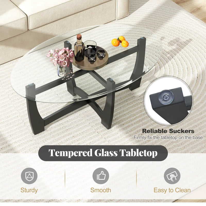 Oval Coffee Table with Tempered Glass Tabletop and Rubber Wood Legs-Black by DirectDeals