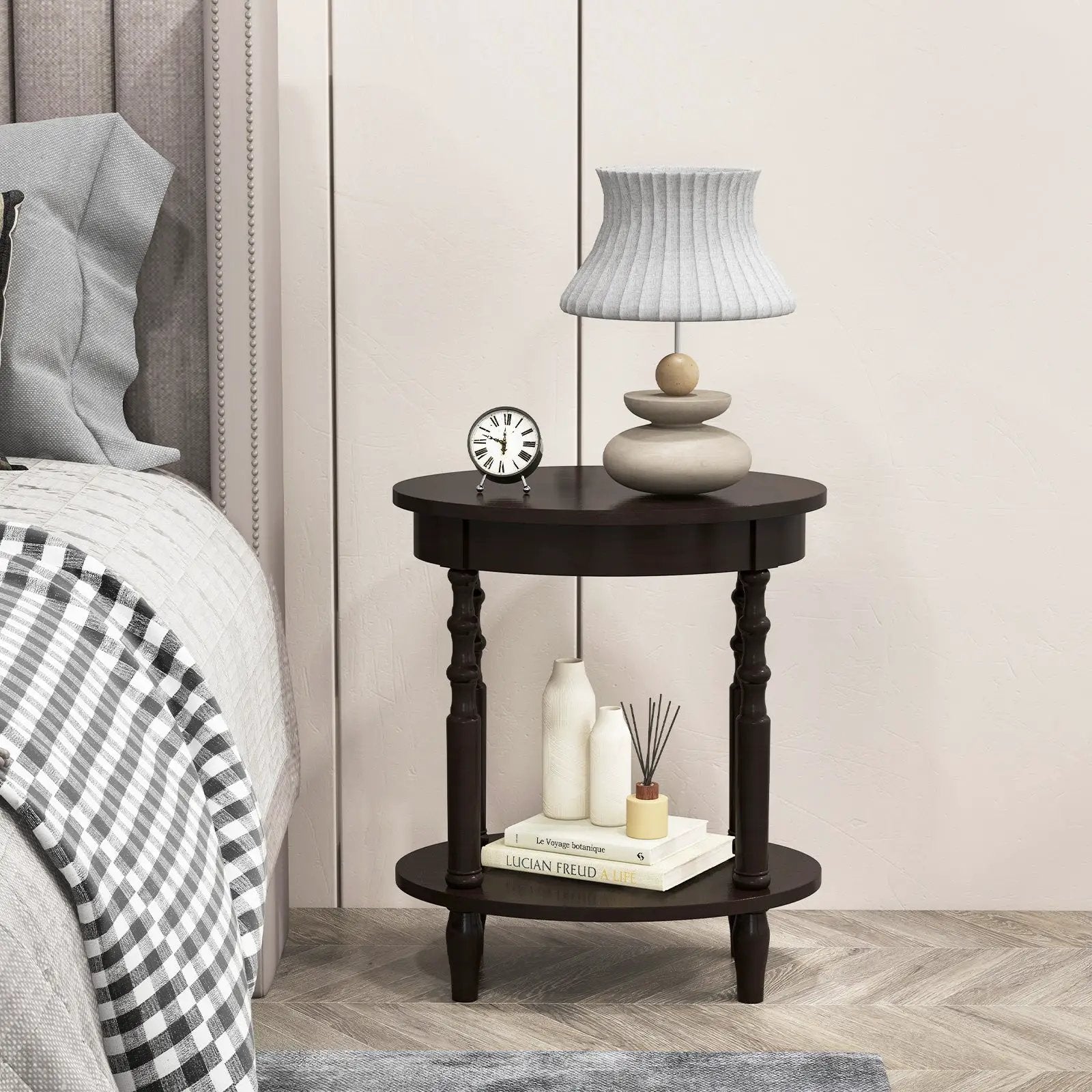 Oval Side Table with Storage Shelf and Wood Legs by DirectDeals