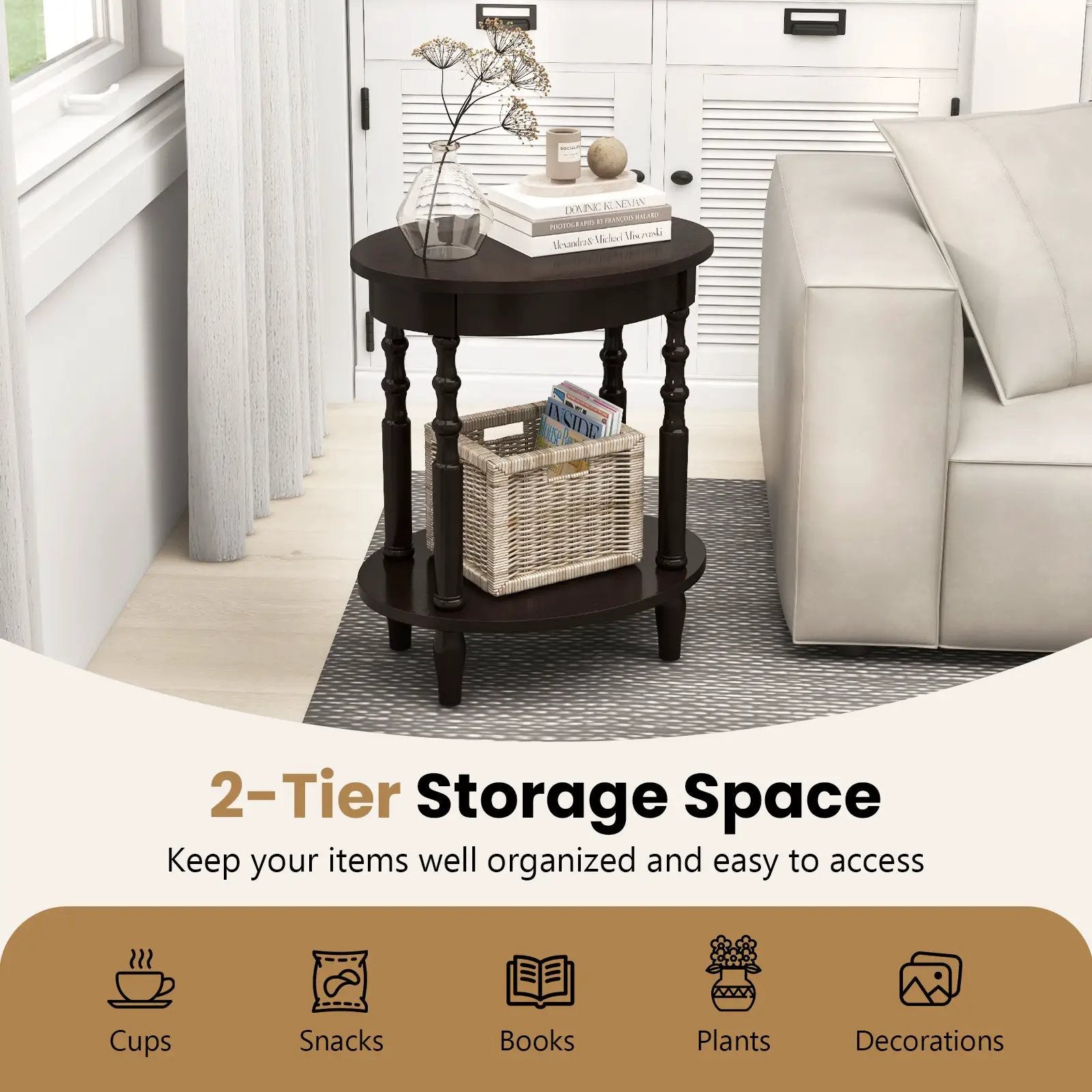Oval Side Table with Storage Shelf and Wood Legs by DirectDeals