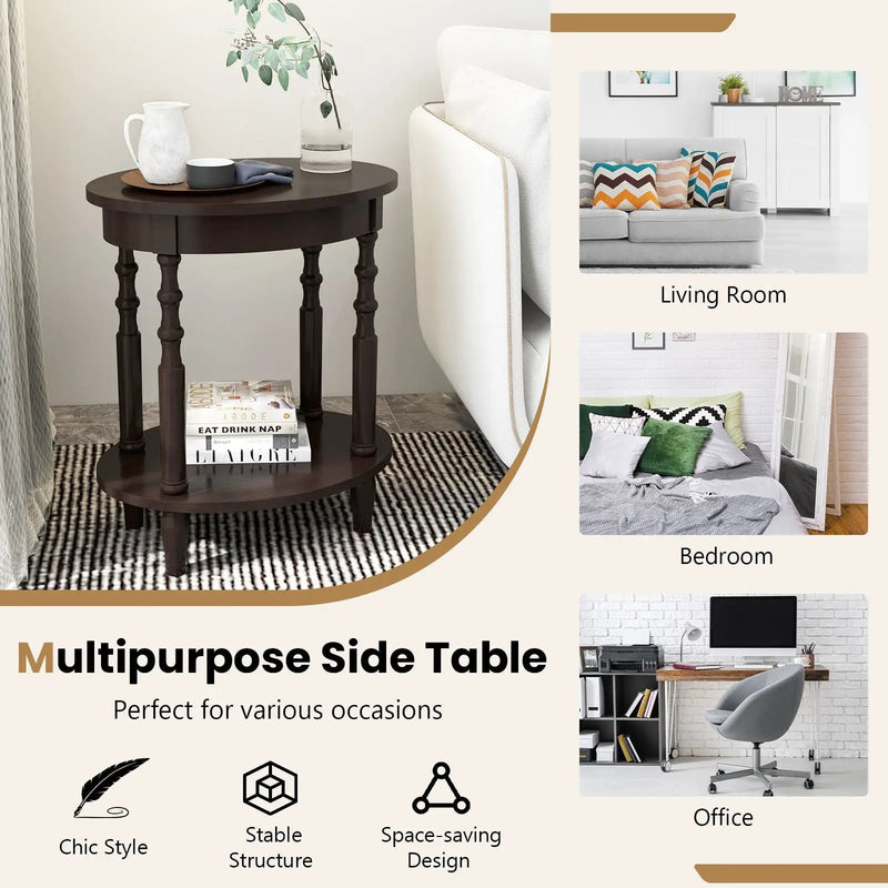 Oval Side Table with Storage Shelf and Wood Legs by DirectDeals