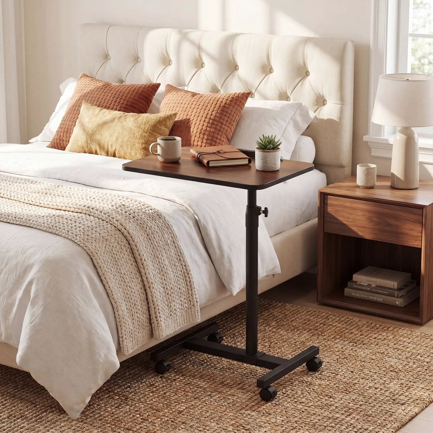 Adjustable Overbed Table with Rolling Wheels - Walnut by DirectDeals
