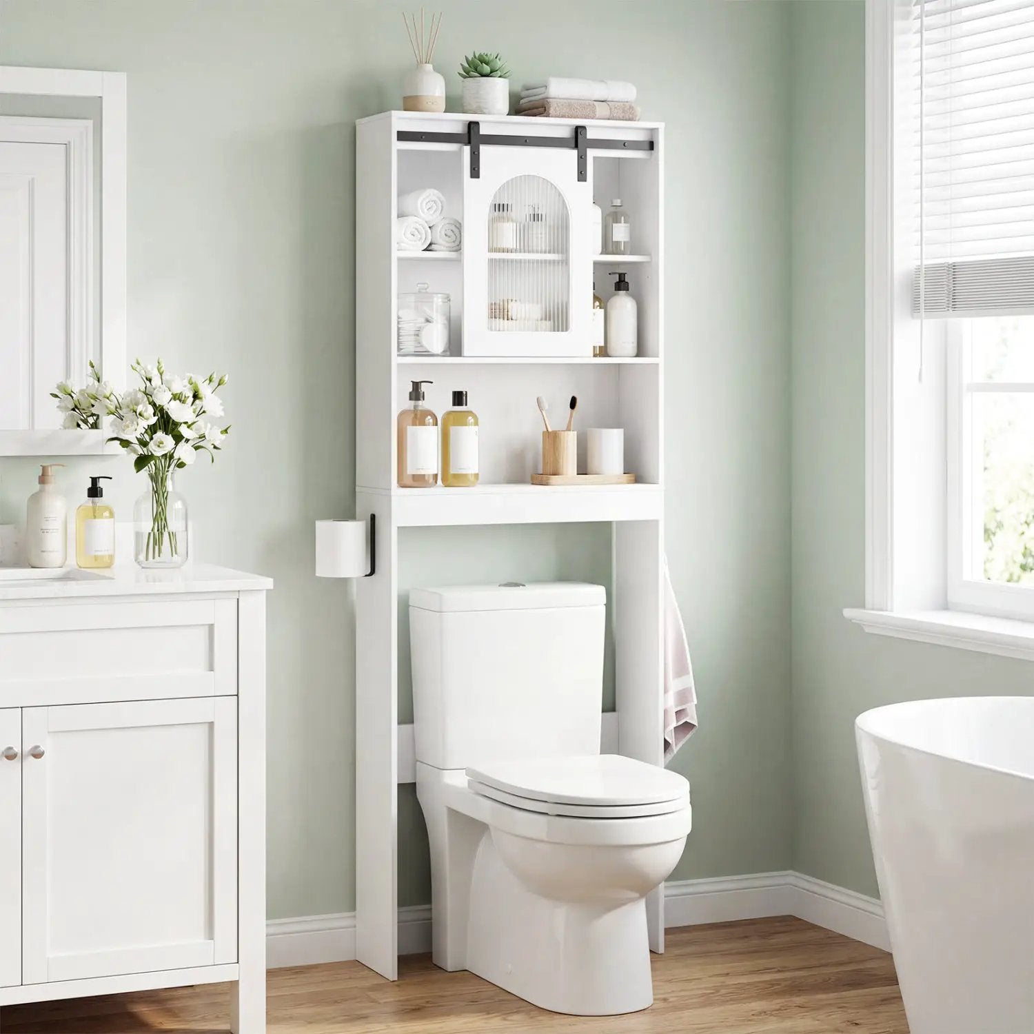 Over Toilet Storage Cabinet with Sliding Barn Door and Open Shelves for Bathroom by DirectDeals
