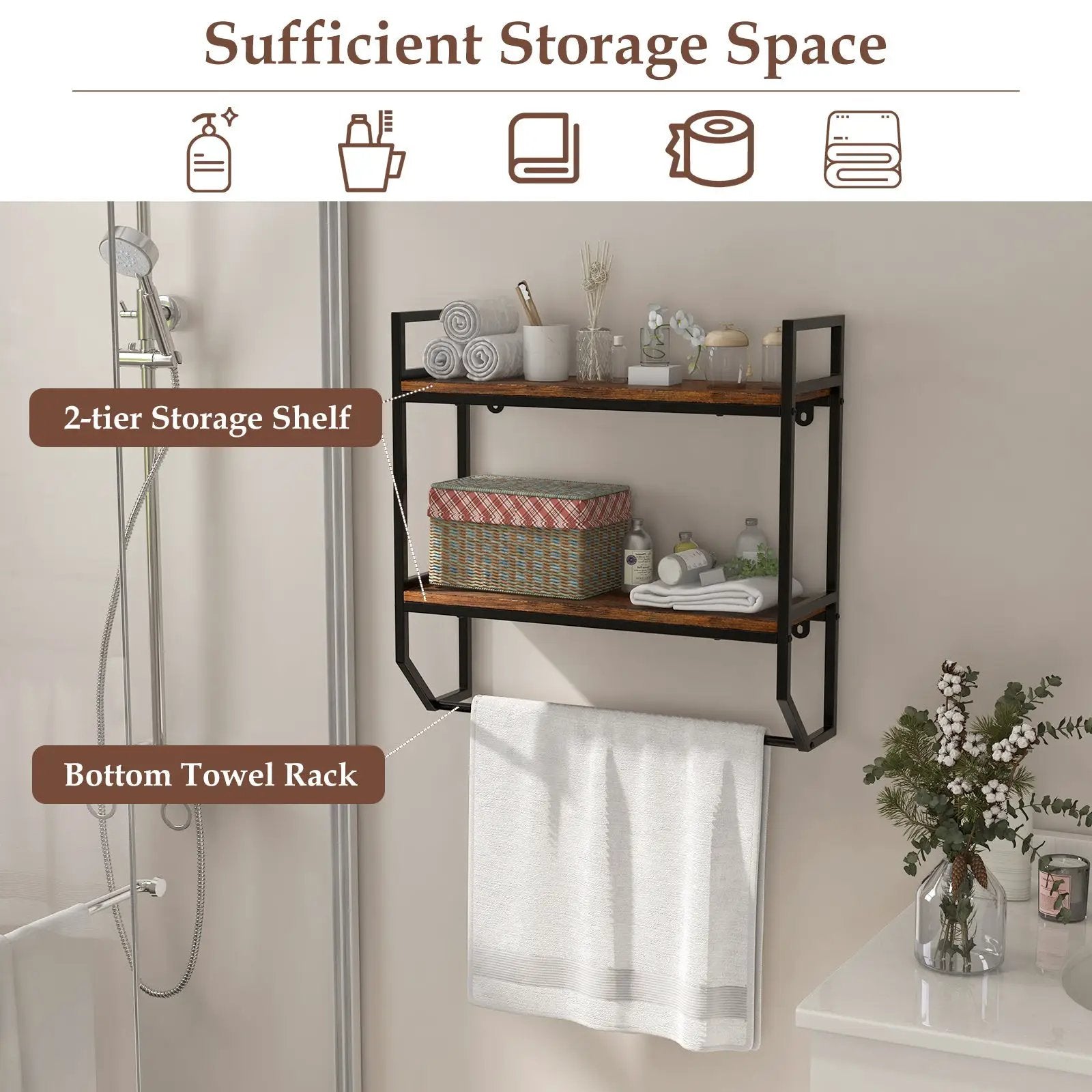 Over the Toilet Shelf Wall Mounted with Metal Frame for Bathroom by DirectDeals