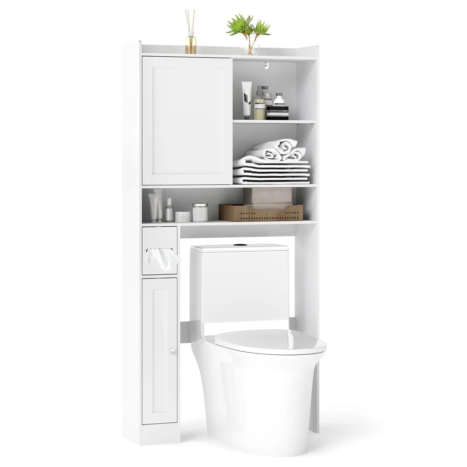 Over-the-Toilet Storage Cabinet Standing Toilet Rack with Sliding Door-White by DirectDeals
