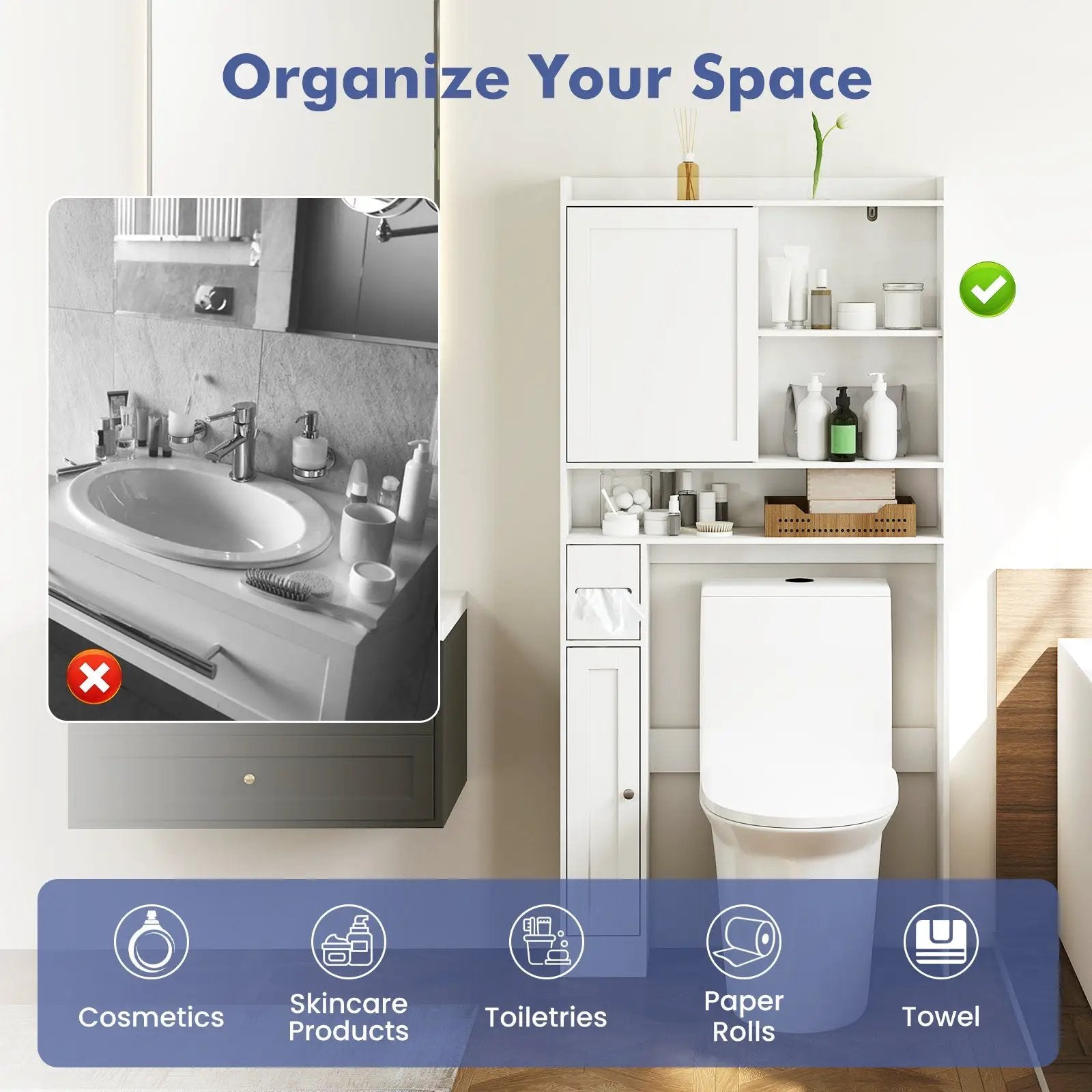 Over-the-Toilet Storage Cabinet Standing Toilet Rack with Sliding Door-White by DirectDeals
