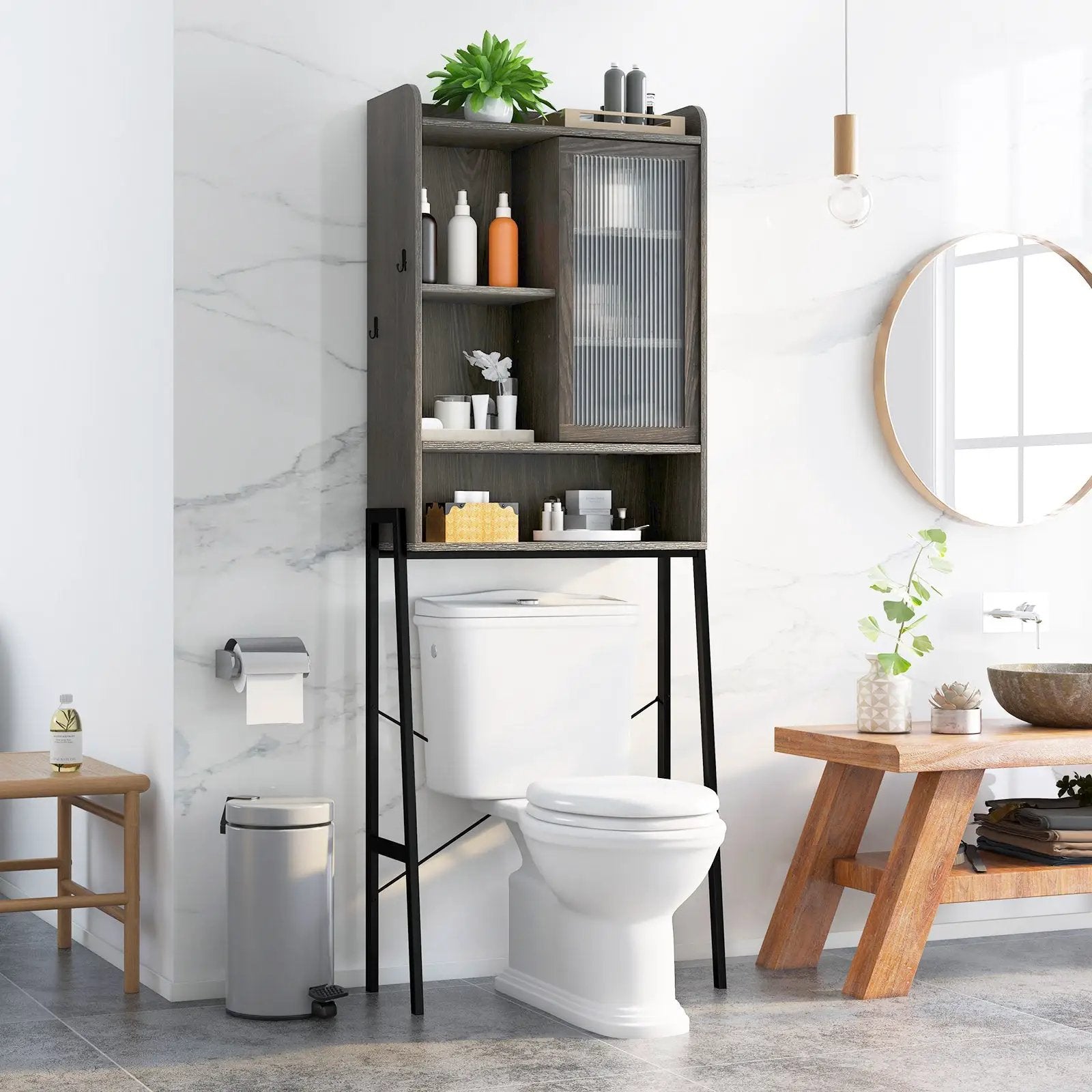 Over the Toilet Storage Cabinet with Sliding Acrylic Door and Adjustable Shelves-Gray by DirectDeals