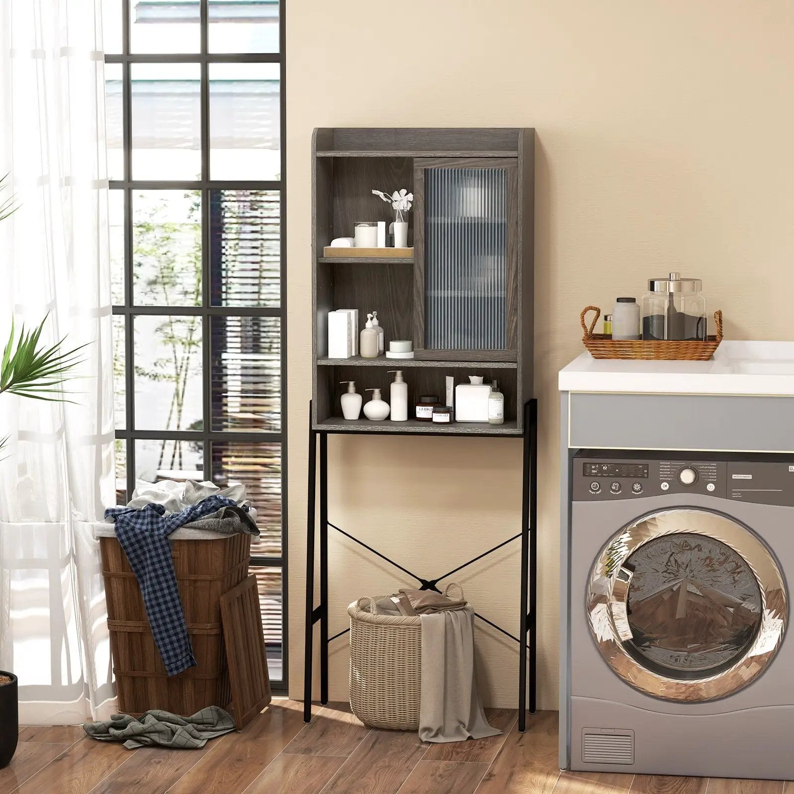 Over the Toilet Storage Cabinet with Sliding Acrylic Door and Adjustable Shelves-Gray by DirectDeals