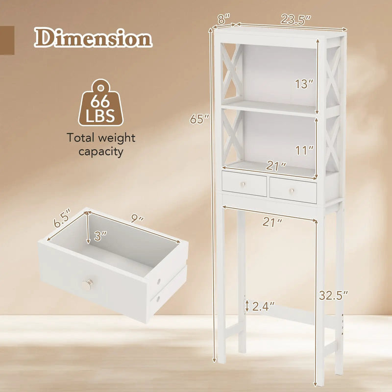 Over the Toilet Storage Rack Tall with Drawers Shelves and Adjustable Bottom Bar by DirectDeals