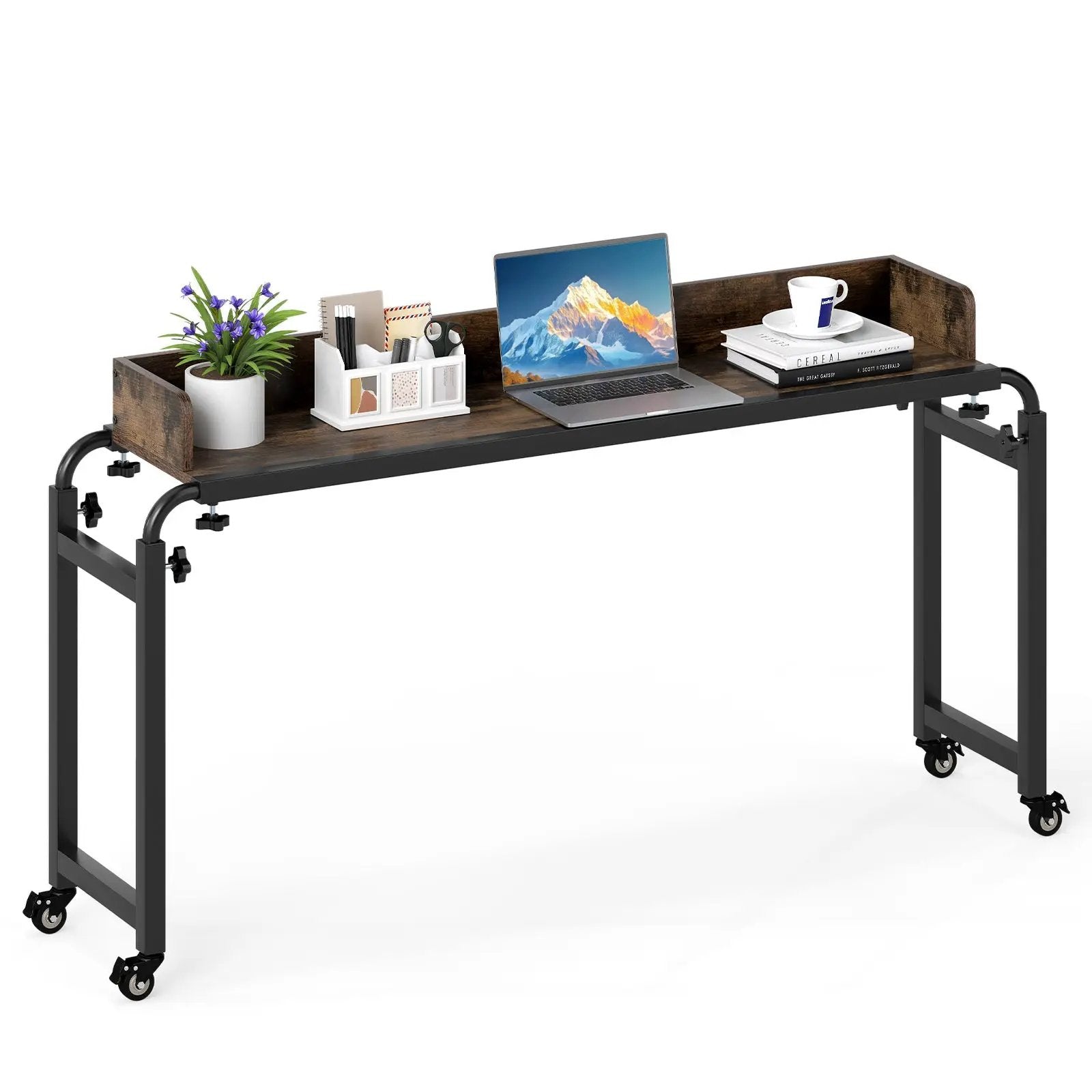 Overbed Desk with Wheels Queen Size Mobile Bed Desk with Adjustable Height-Brown by DirectDeals