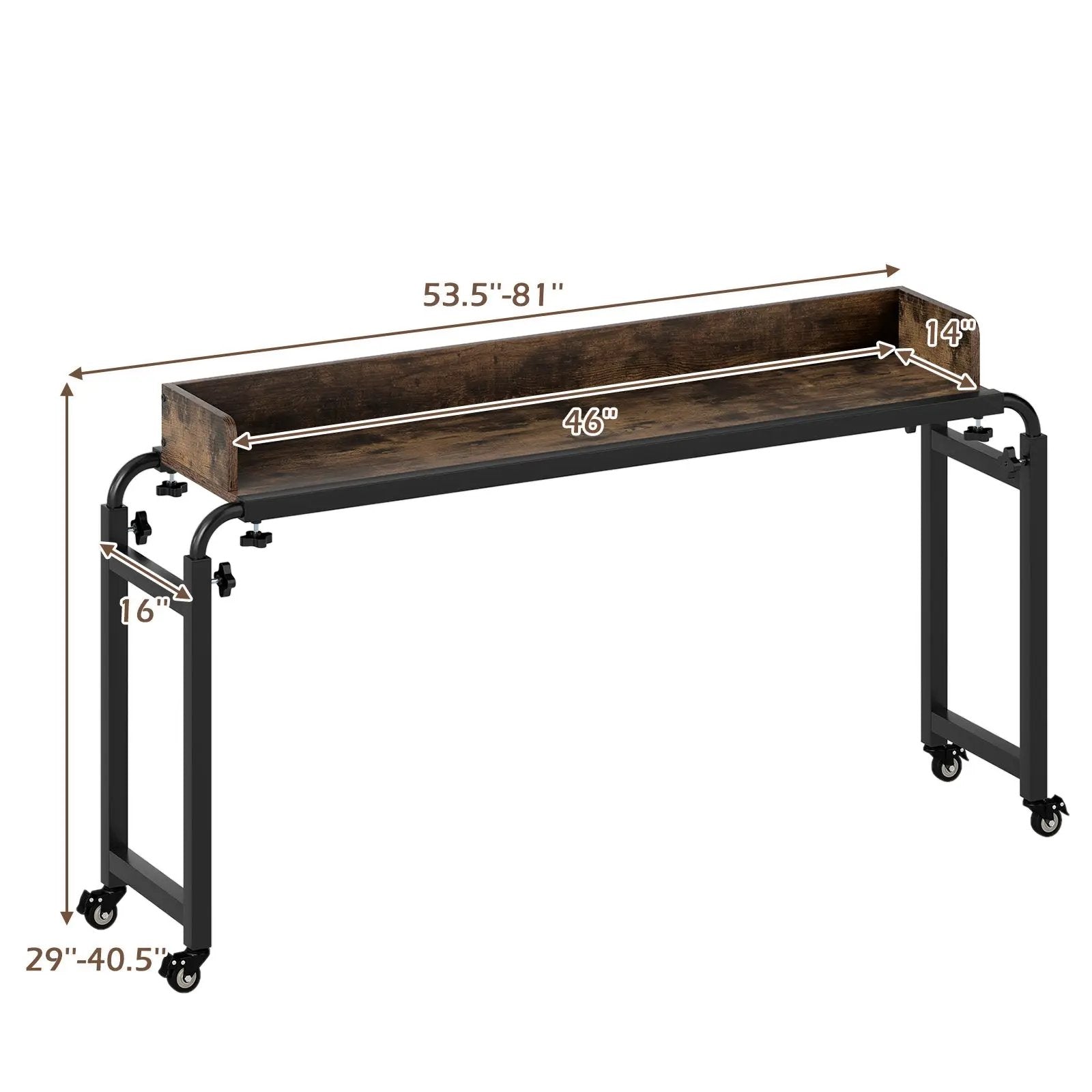 Overbed Desk with Wheels Queen Size Mobile Bed Desk with Adjustable Height-Brown by DirectDeals