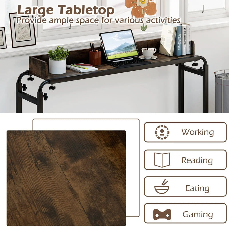 Overbed Desk with Wheels Queen Size Mobile Bed Desk with Adjustable Height-Brown by DirectDeals