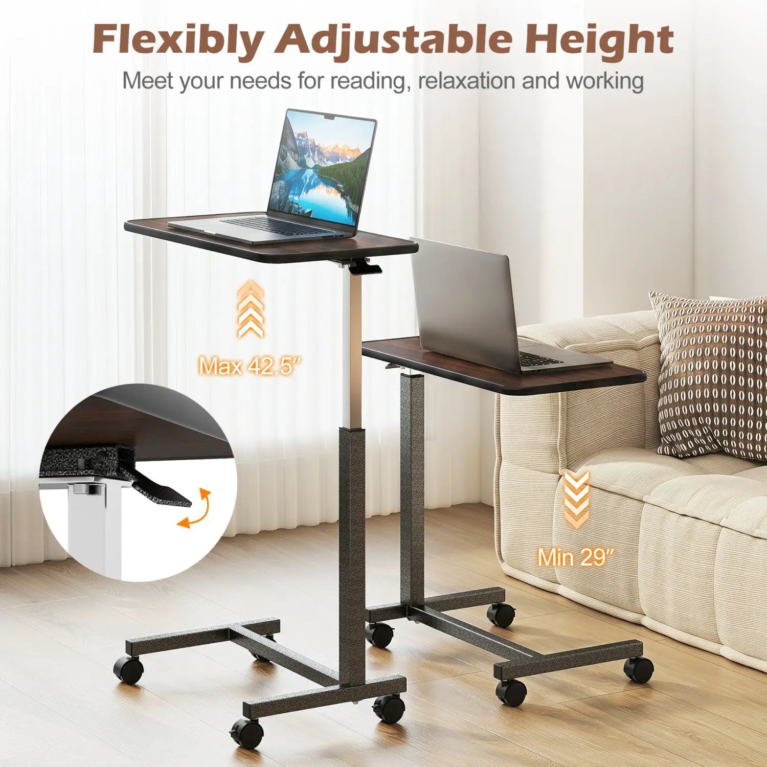 Overbed Table with Lockable Wheels and Adjustable Height by DirectDeals