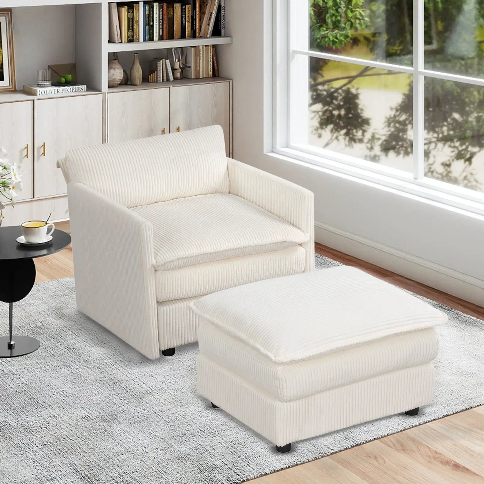 Oversized Accent Chair with Ottoman with Soft Corduroy Cushions-Beige by DirectDeals