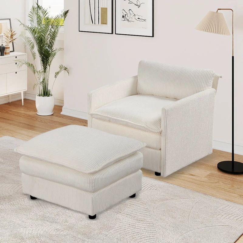 Oversized Accent Chair with Ottoman with Soft Corduroy Cushions-Beige by DirectDeals