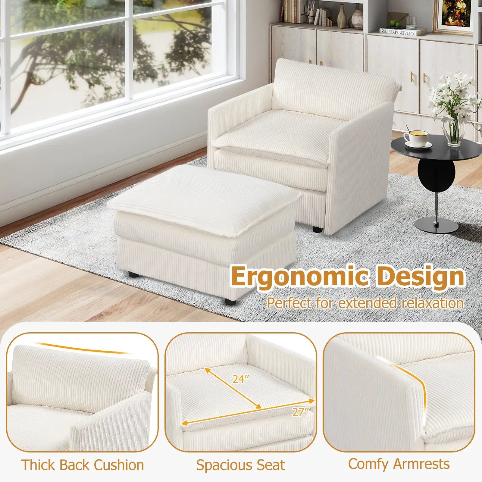 Oversized Accent Chair with Ottoman with Soft Corduroy Cushions-Beige by DirectDeals