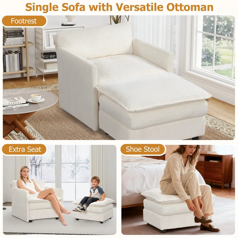 Oversized Accent Chair with Ottoman with Soft Corduroy Cushions-Beige by DirectDeals
