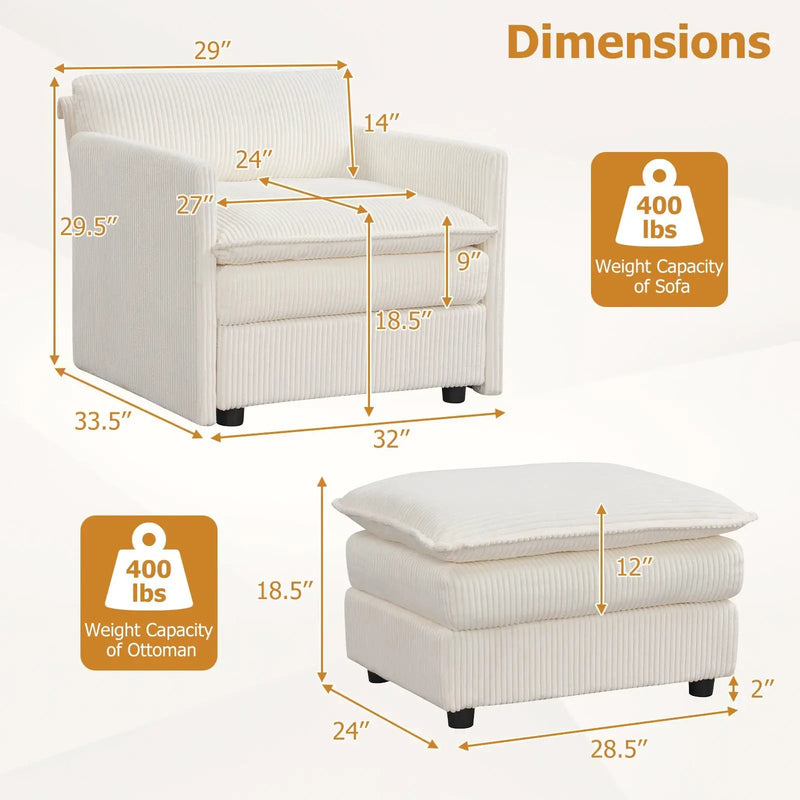 Oversized Accent Chair with Ottoman with Soft Corduroy Cushions-Beige by DirectDeals