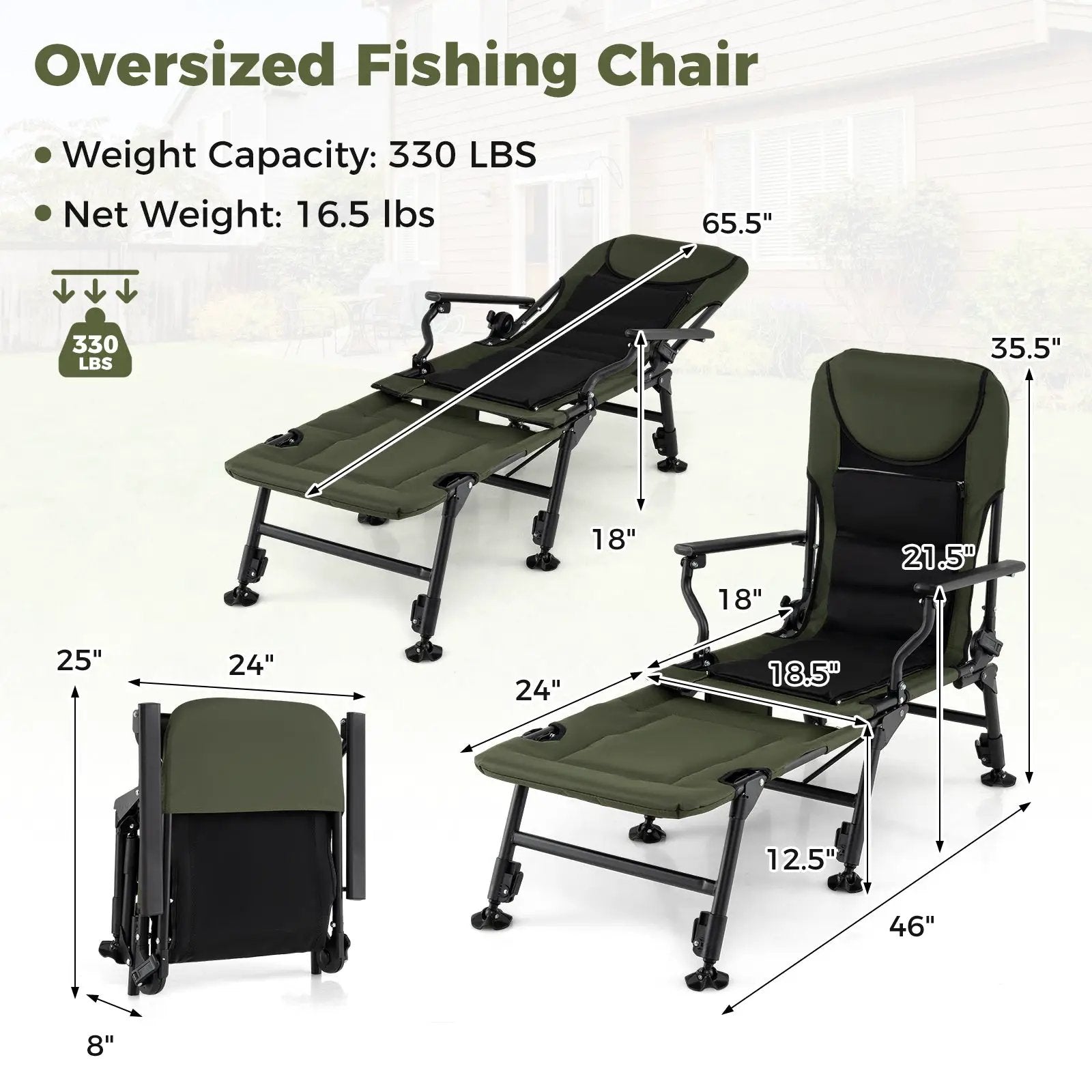 Oversized Foldable Fishing Chair with Detachable Footrest-Green by DirectDeals