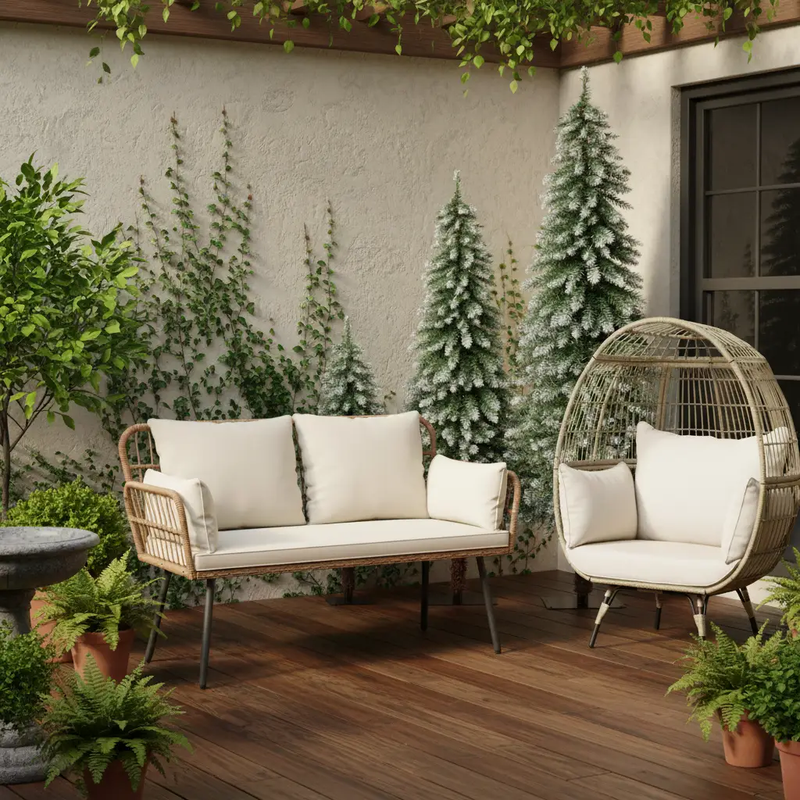 Oversized Rattan Egg Lounge Chair & 2-Seat Rattan Sofa with Cushions by DirectDeals
