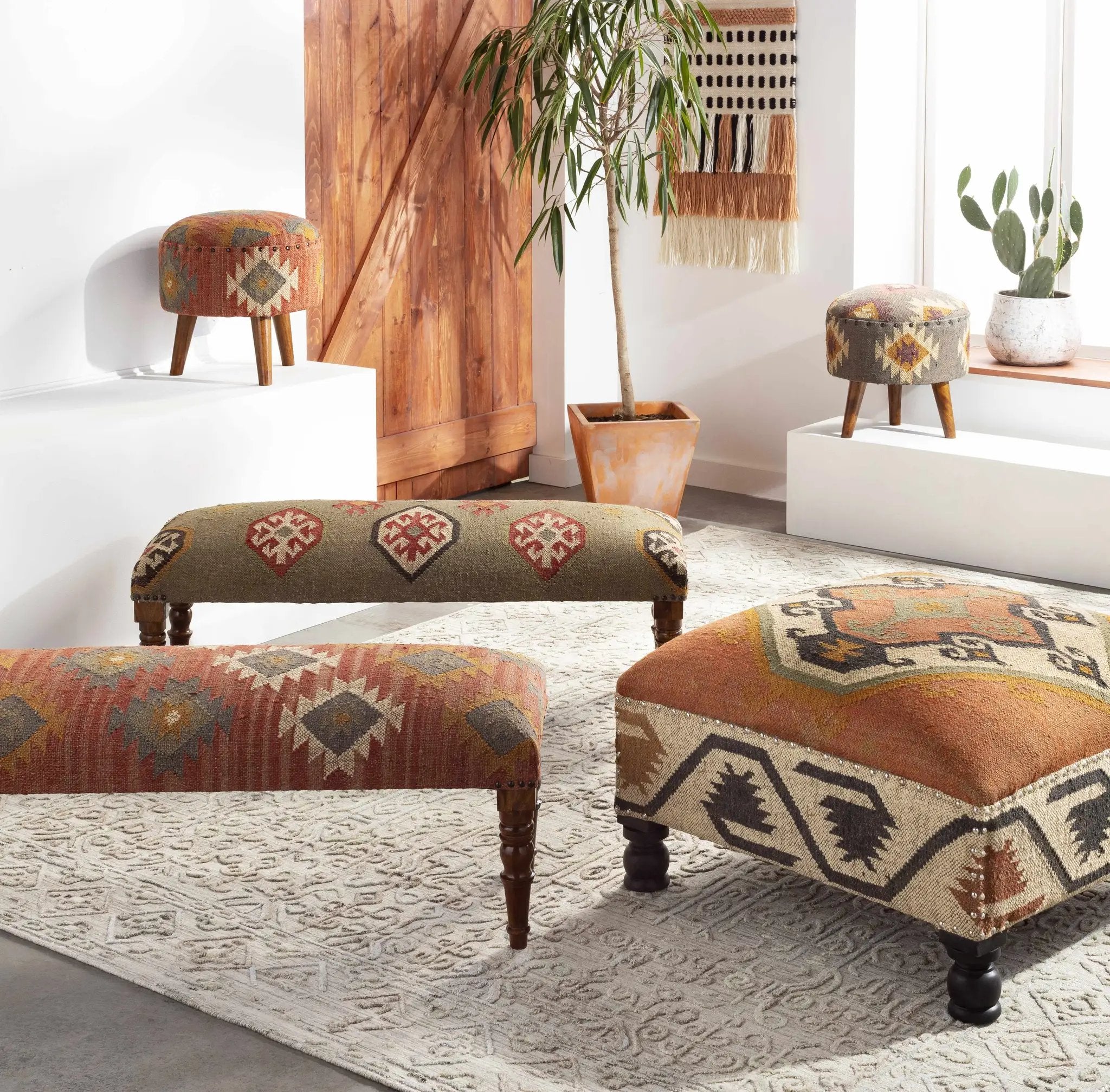Brick Red Wood Frame Ottoman Stool by Boutique Rugs