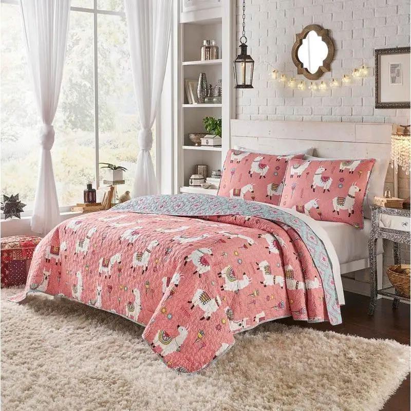 Twin/Twin XL Pink Blue Reversible Floral Llama Cotton Quilt Set by HomePacific