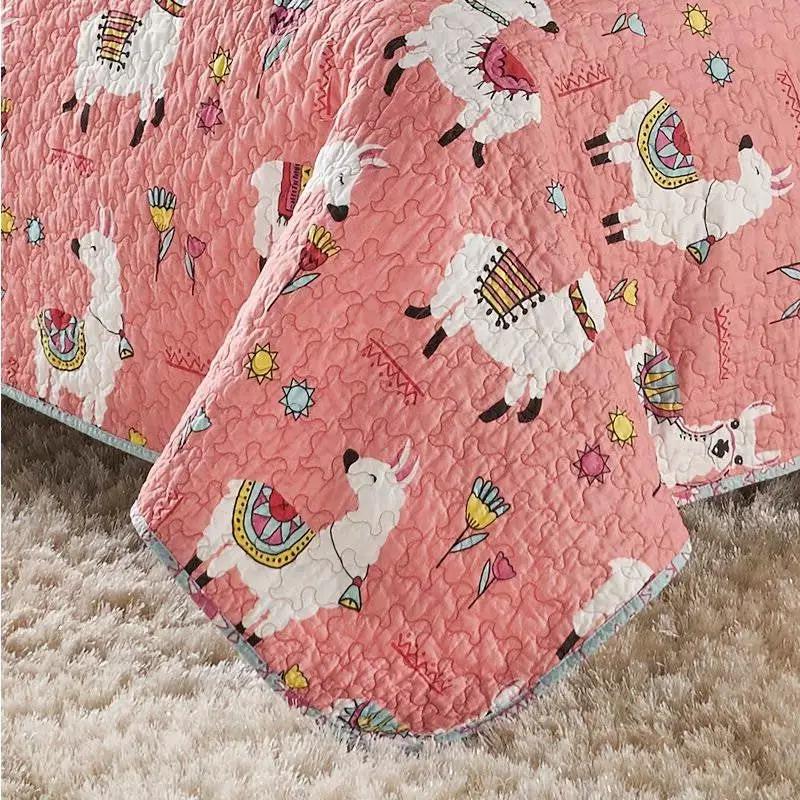 Twin/Twin XL Pink Blue Reversible Floral Llama Cotton Quilt Set by HomePacific