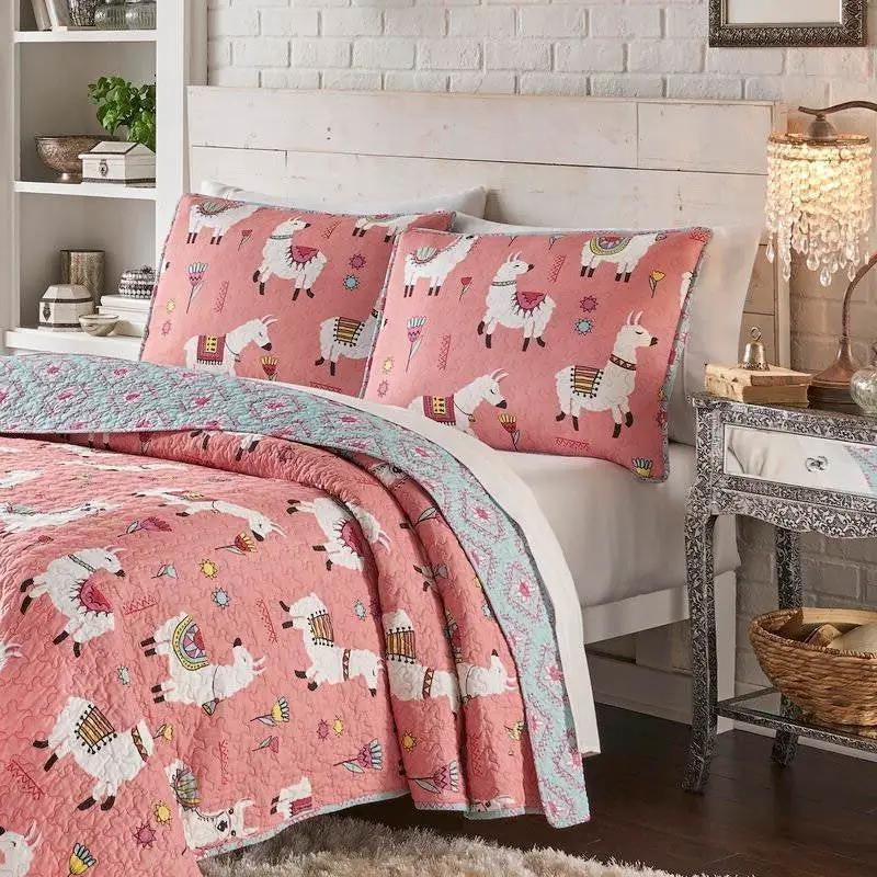 Full/Queen Pink Blue Reversible Floral Llama 100-Percent Cotton Quilt Set by HomePacific