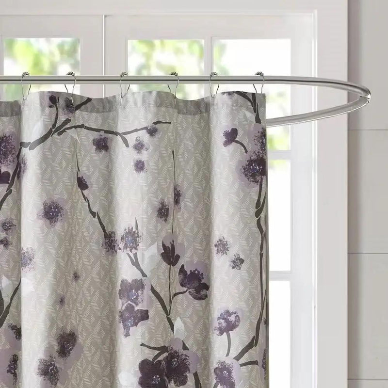 72 x 72 in Cotton Shower Curtain with Purple Grey Beige Floral Blossom Pattern by HomePacific