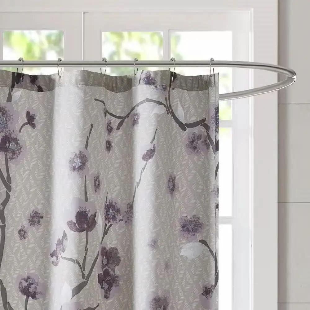 72 x 72 in Cotton Shower Curtain with Purple Grey Beige Floral Blossom Pattern by HomePacific