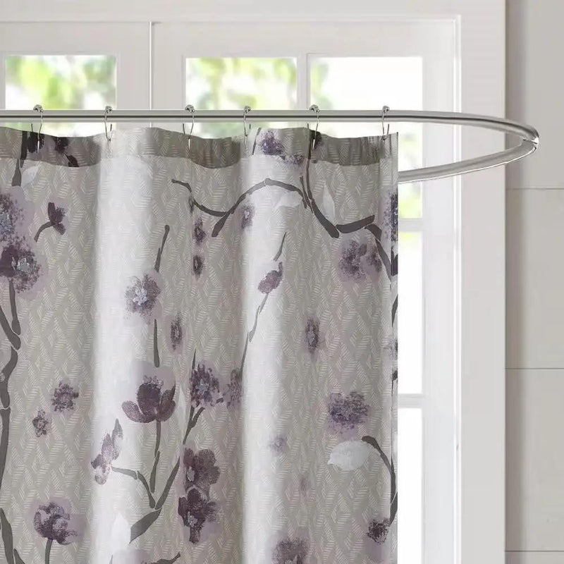 72 x 72 in Cotton Shower Curtain with Purple Grey Beige Floral Blossom Pattern by HomePacific