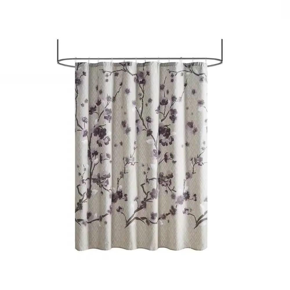 72 x 72 in Cotton Shower Curtain with Purple Grey Beige Floral Blossom Pattern by HomePacific