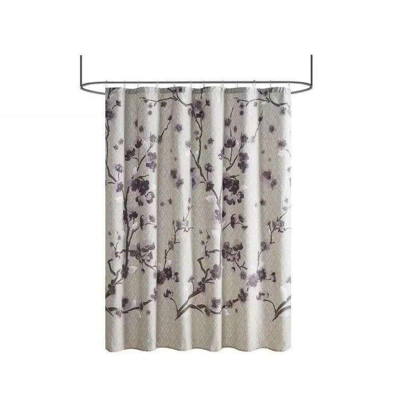 72 x 72 in Cotton Shower Curtain with Purple Grey Beige Floral Blossom Pattern by HomePacific