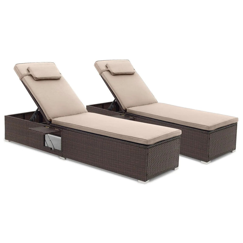 PE Rattan Chaise Lounge Set of 2 with 6-Position Adjustable Backrest and Foldable Side Table by DirectDeals