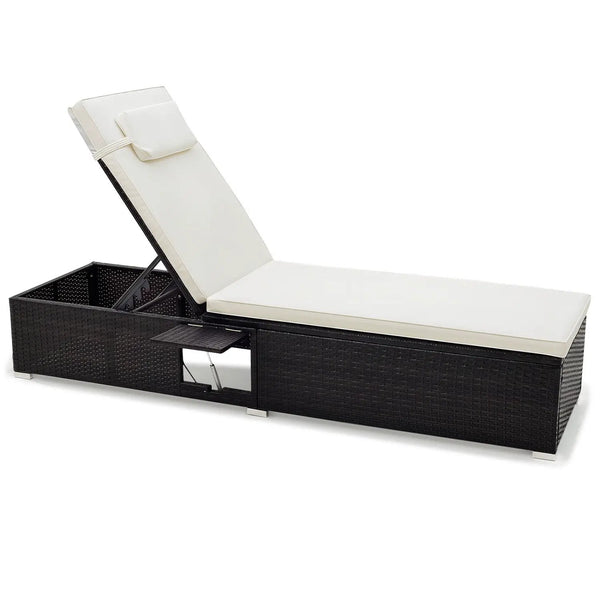 PE Rattan Chaise Lounge with Adjustable Backrest and Foldable Side Table Outdoor