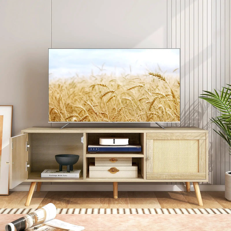 PE Rattan Media Console Table with 2 Cabinets and Open Shelves by DirectDeals