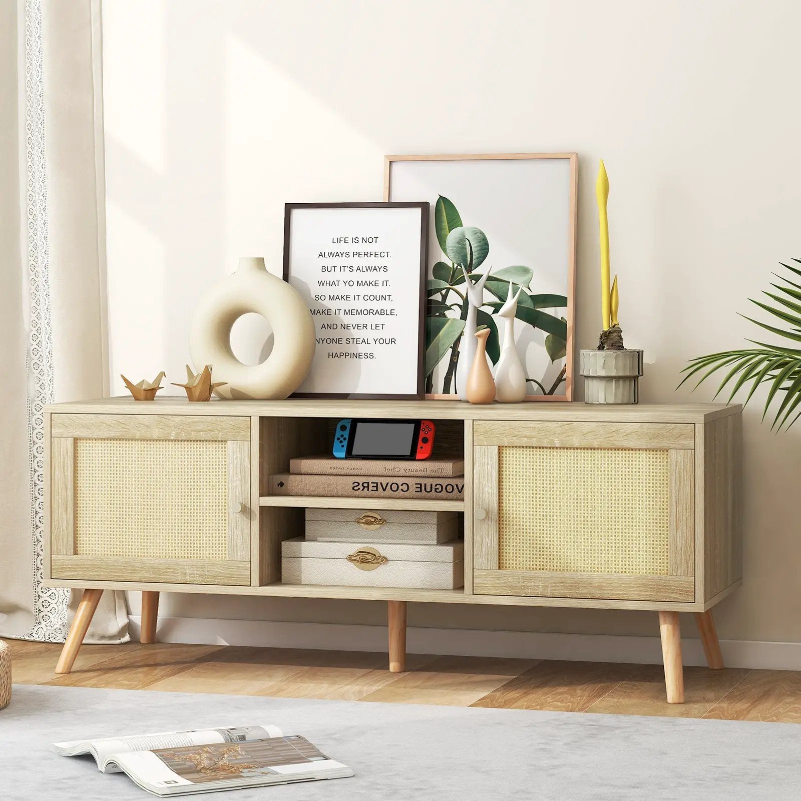 PE Rattan Media Console Table with 2 Cabinets and Open Shelves by DirectDeals