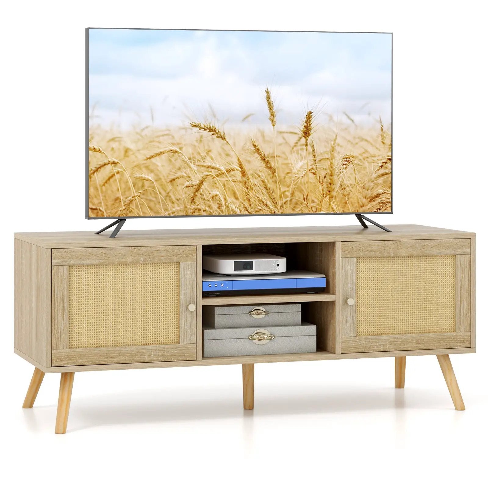 PE Rattan Media Console Table with 2 Cabinets and Open Shelves by DirectDeals