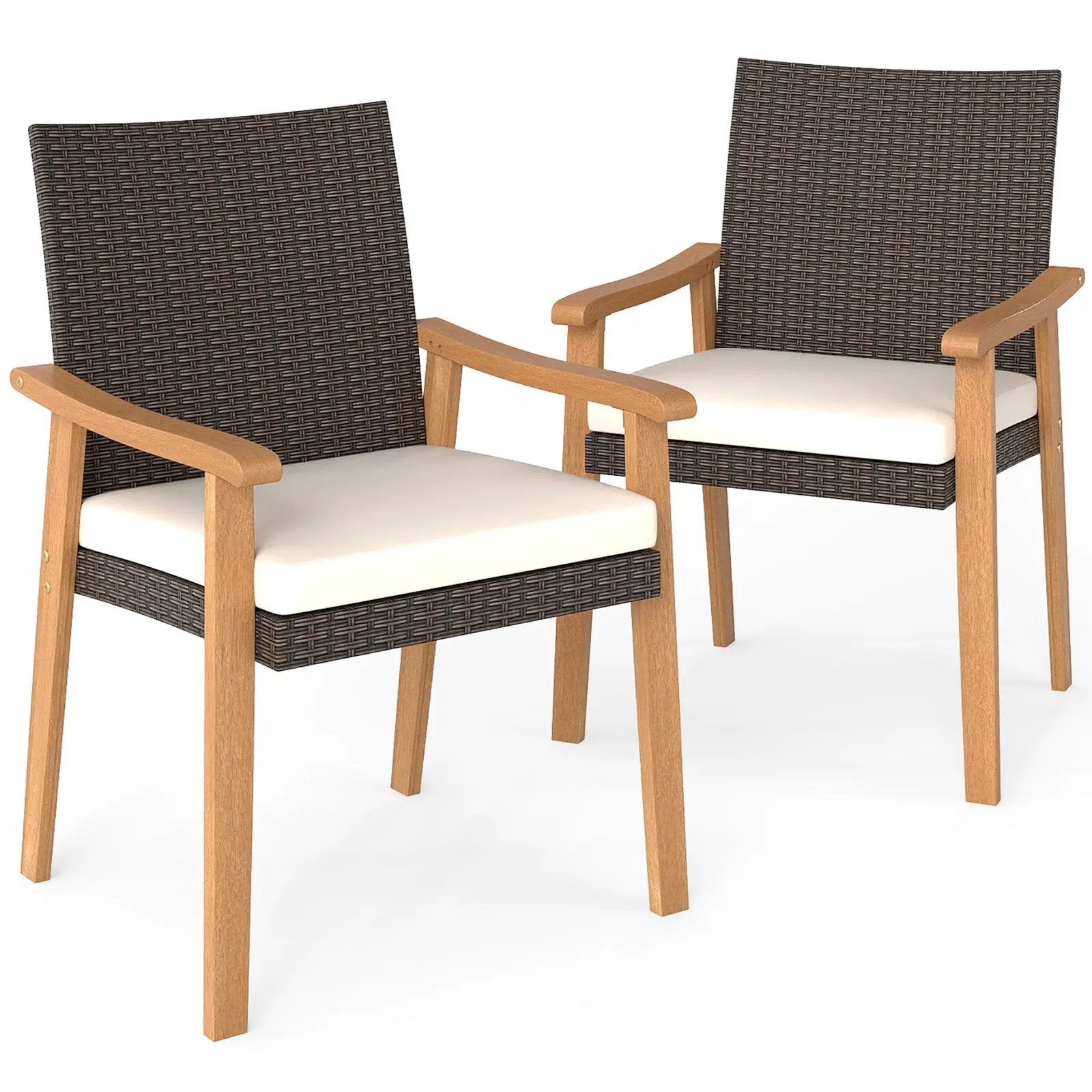 PE Rattan Outdoor Patio Dining Chair Set of 2 with Removable Cushion and Acacia Wood Armrests-White by DirectDeals