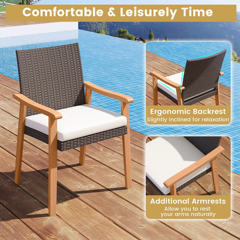 PE Rattan Outdoor Patio Dining Chair Set of 2 with Removable Cushion and Acacia Wood Armrests-White by DirectDeals