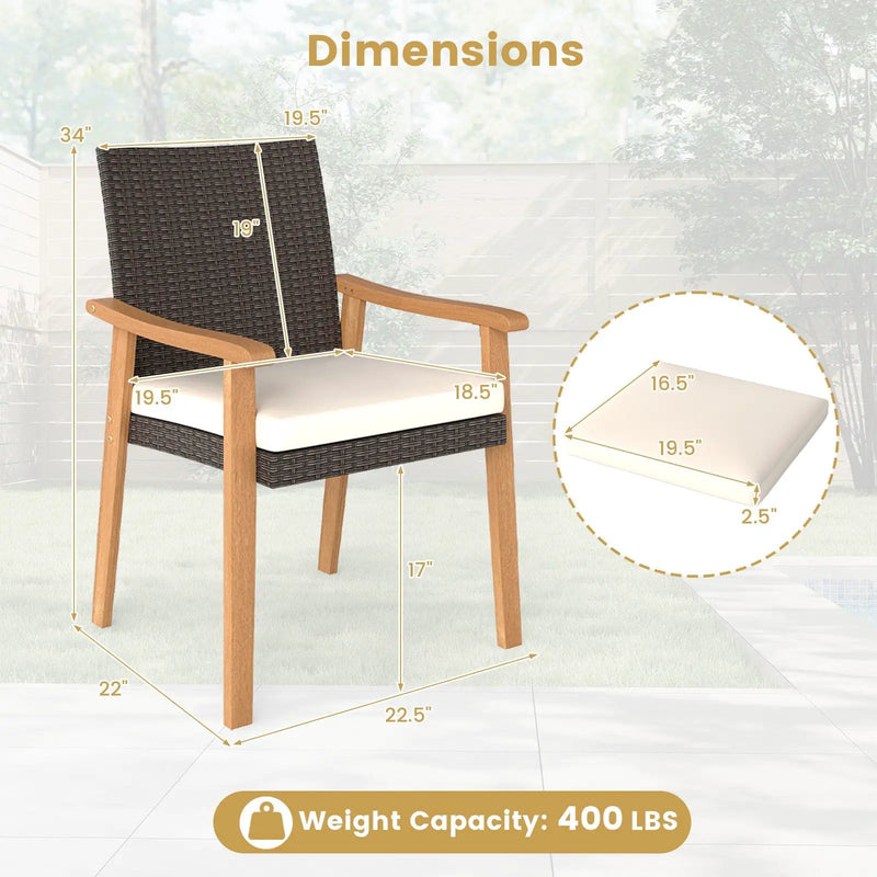 PE Rattan Outdoor Patio Dining Chair Set of 4 with Removable Cushion and Acacia Wood Armrests-White by DirectDeals