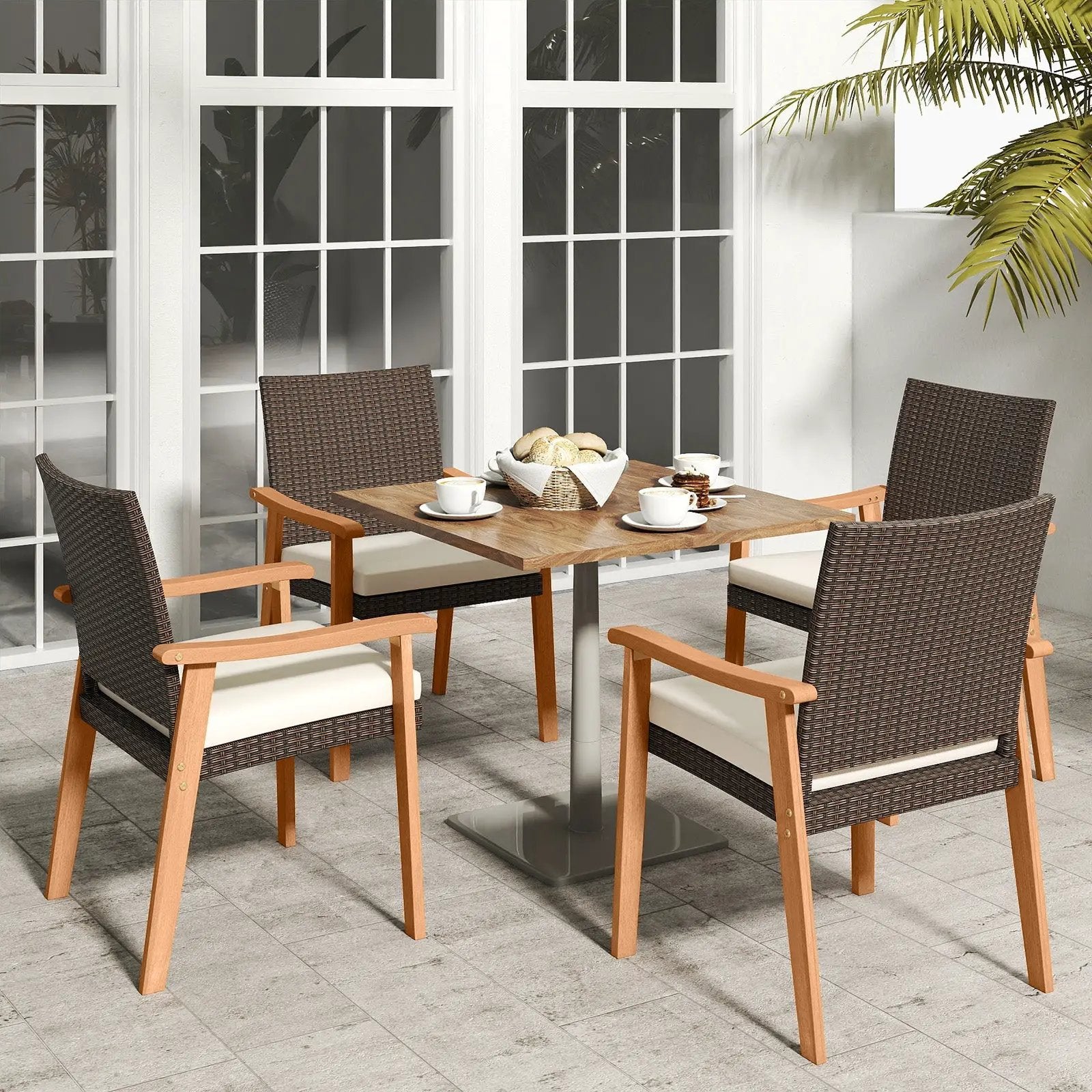 PE Rattan Outdoor Patio Dining Chair Set of 4 with Removable Cushion and Acacia Wood Armrests-White by DirectDeals