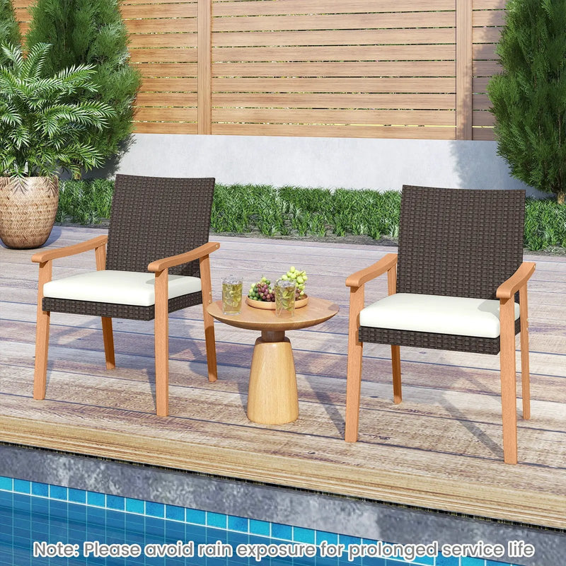PE Rattan Outdoor Patio Dining Chair Set of 4 with Removable Cushion and Acacia Wood Armrests-White by DirectDeals