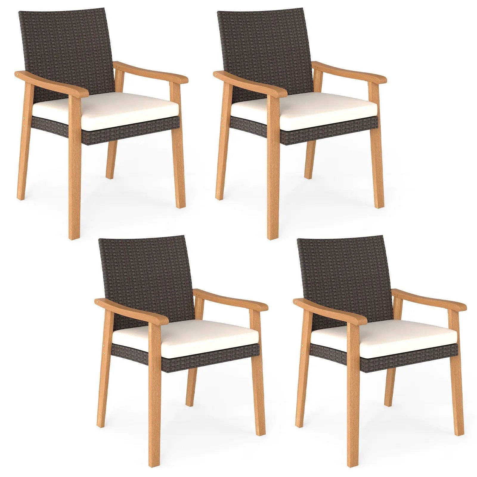 PE Rattan Outdoor Patio Dining Chair Set of 4 with Removable Cushion and Acacia Wood Armrests-White by DirectDeals