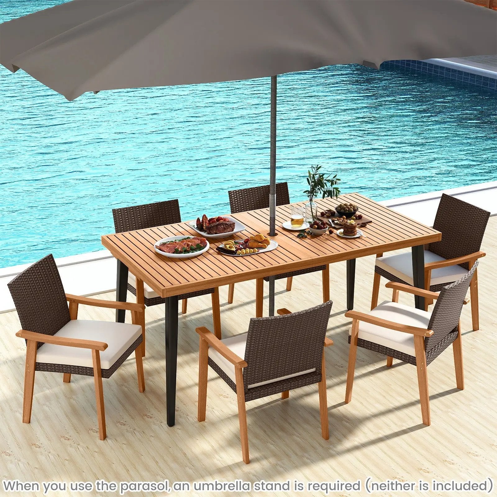 PE Rattan Outdoor Patio Dining Chair Set of 4 with Removable Cushion and Acacia Wood Armrests-White by DirectDeals
