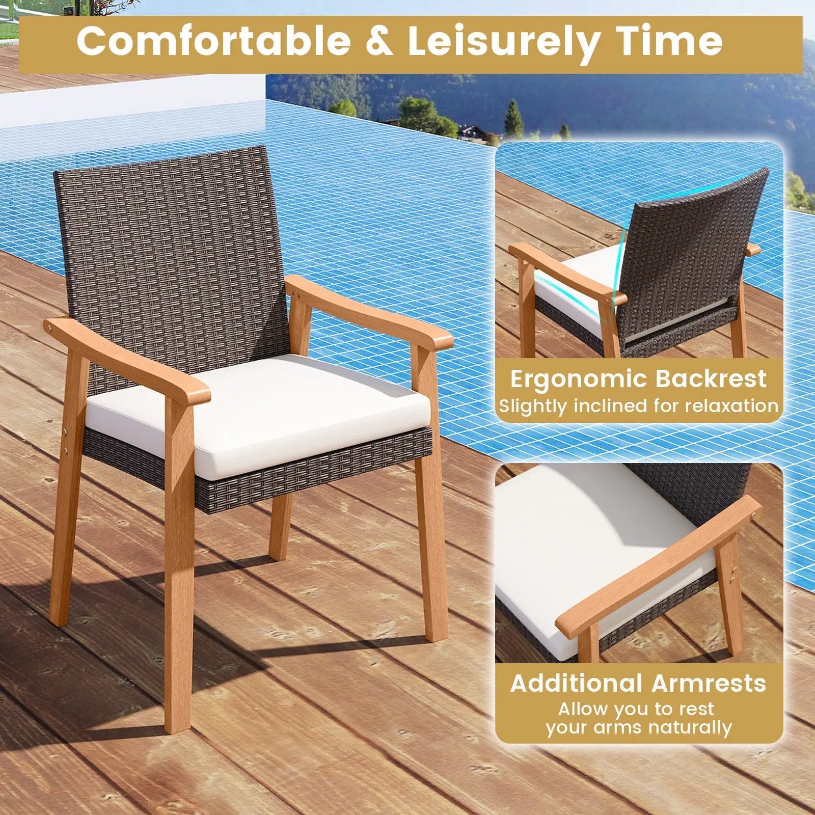 PE Rattan Outdoor Patio Dining Chair Set of 4 with Removable Cushion and Acacia Wood Armrests-White by DirectDeals