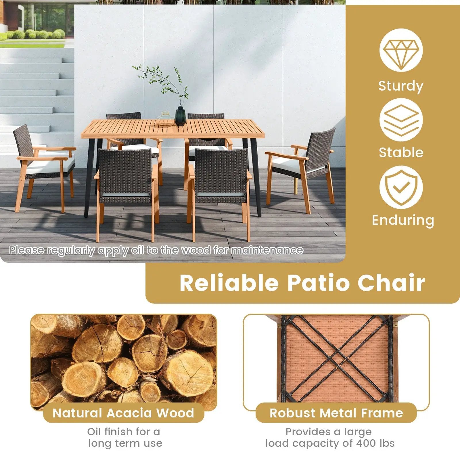 PE Rattan Outdoor Patio Dining Chair Set of 4 with Removable Cushion and Acacia Wood Armrests-White by DirectDeals