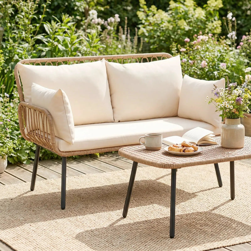 Outdoor Loveseat 2-Seater Wicker Sofa with Cushions - Beige by DirectDeals
