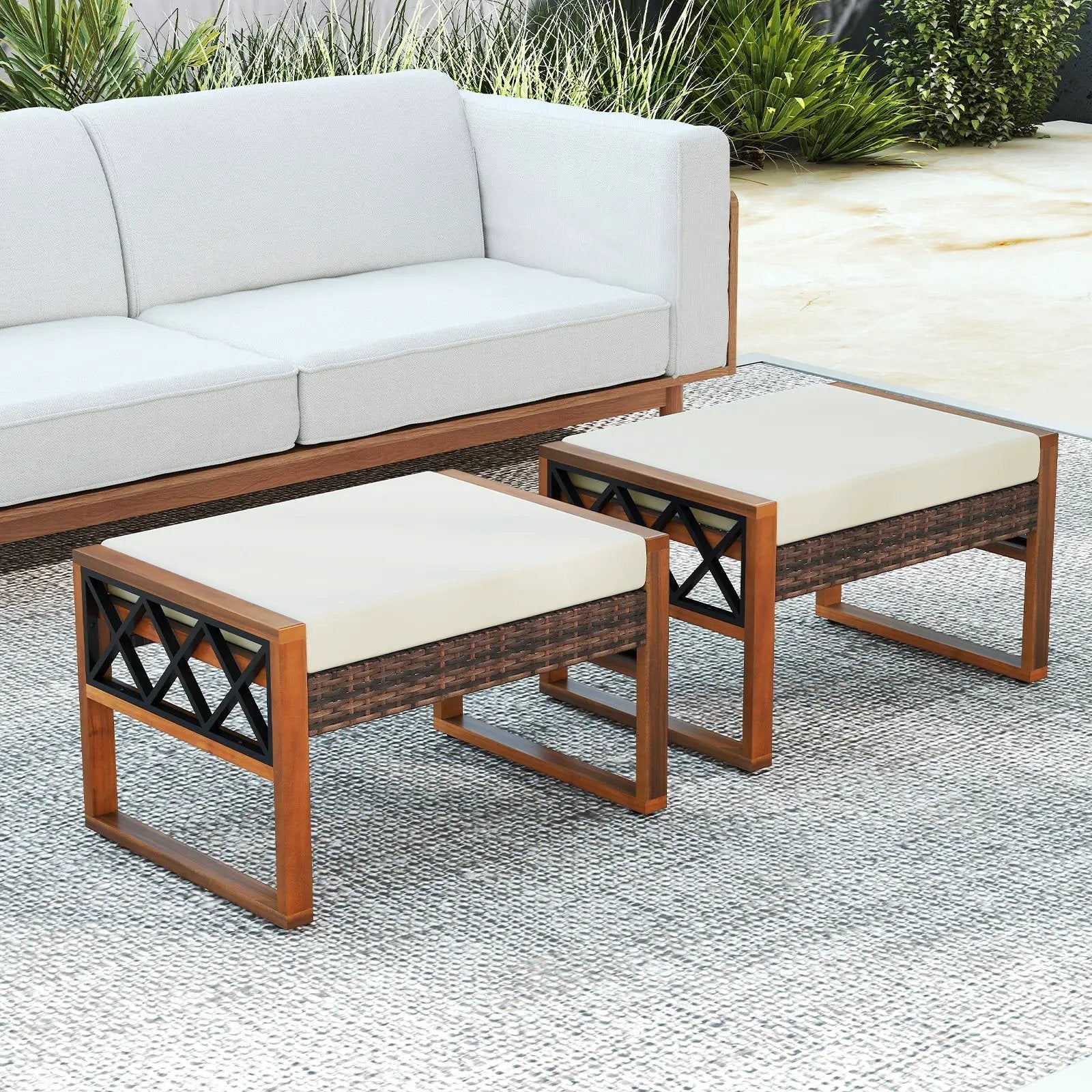 PE Rattan Wicker Ottomans Set of 2 with Removable Cushions-Beige by DirectDeals