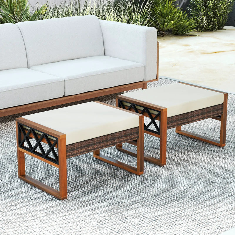 PE Rattan Wicker Ottomans Set of 2 with Removable Cushions-Beige by DirectDeals