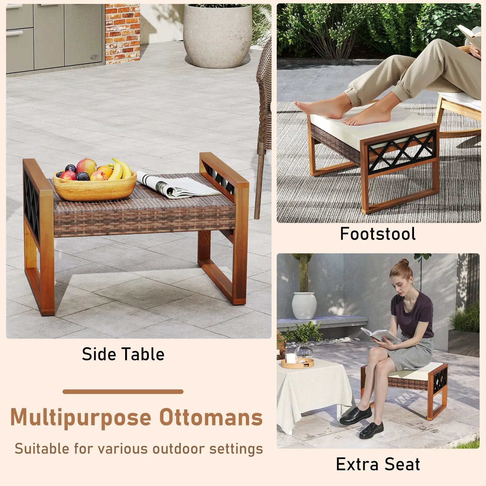 PE Rattan Wicker Ottomans Set of 2 with Removable Cushions-Beige by DirectDeals